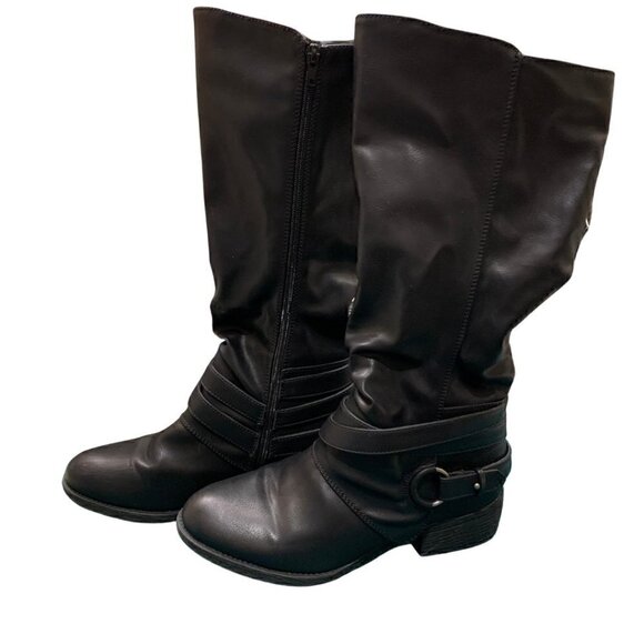 Sugar Dabble Shoes - Sugar Dabble Knee High Wide Calf Faux Leather Black Boots Straps/Buckles. Size9M